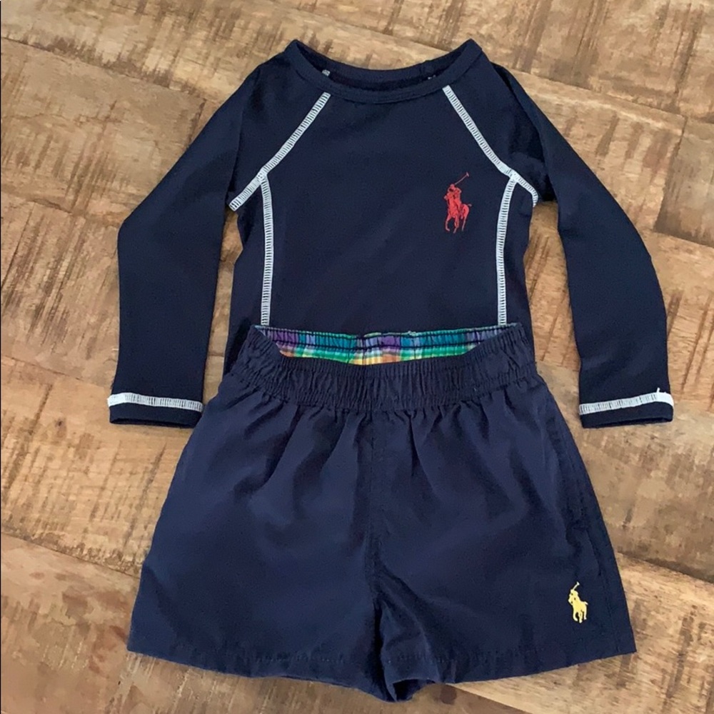 Polo rash guard and swim trunks